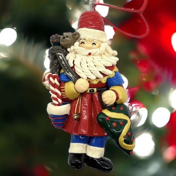 Vintage Santa Claus Christmas Ornament Glazed Clay Dough 5.5” Handmade Detailed - Picture 1 of 12